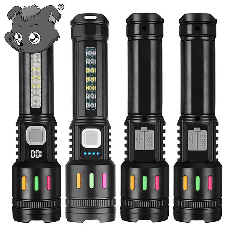 爆款荧光条户外手电筒强光长续航数显变焦手握式电筒户外塑料手电