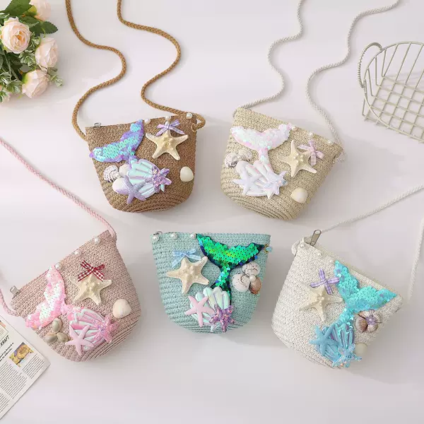 Spring and Summer Baby Girl Small Bag Coin Purse Outdoor Beach Outing Straw Bag Pearl Shell Mermaid Crossbody Bag