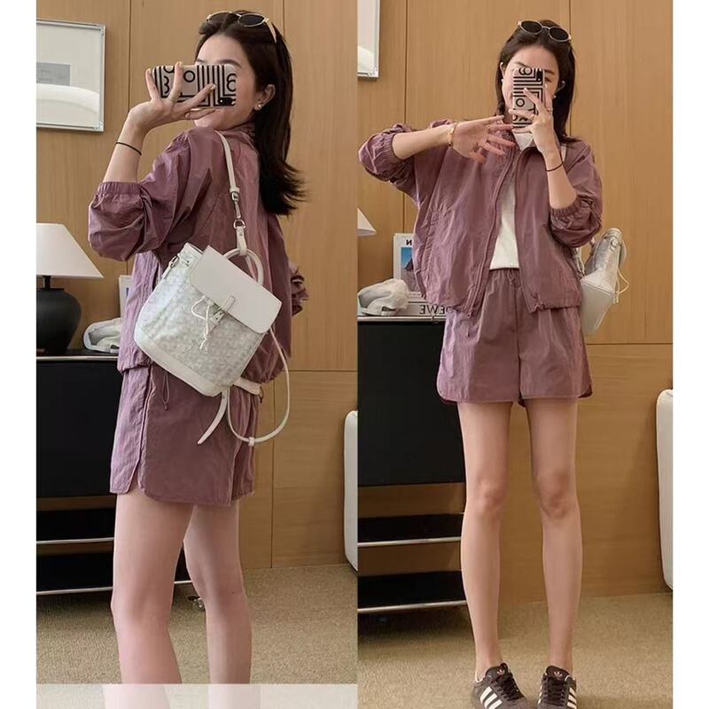 Light suit summer gloss light weight anti-splash collar sunscreen jacket shorts two-piece X0414T