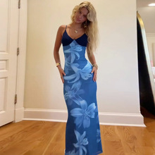 欧美跨境热销女装时尚印花网纱性感V领撞色长款修身吊带连衣裙女