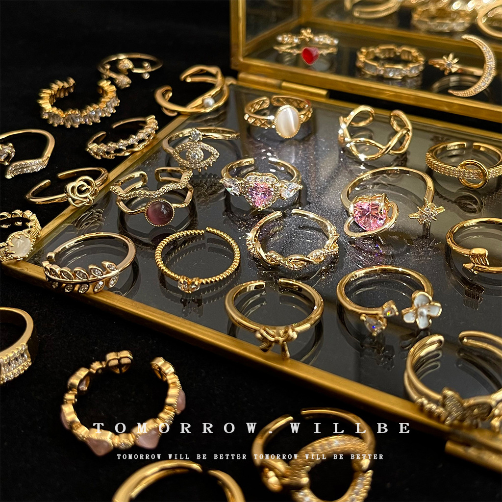 light luxury high-grade zircon ring for women special-interest design fashion all-match index finger ring real gold electroplated open ring