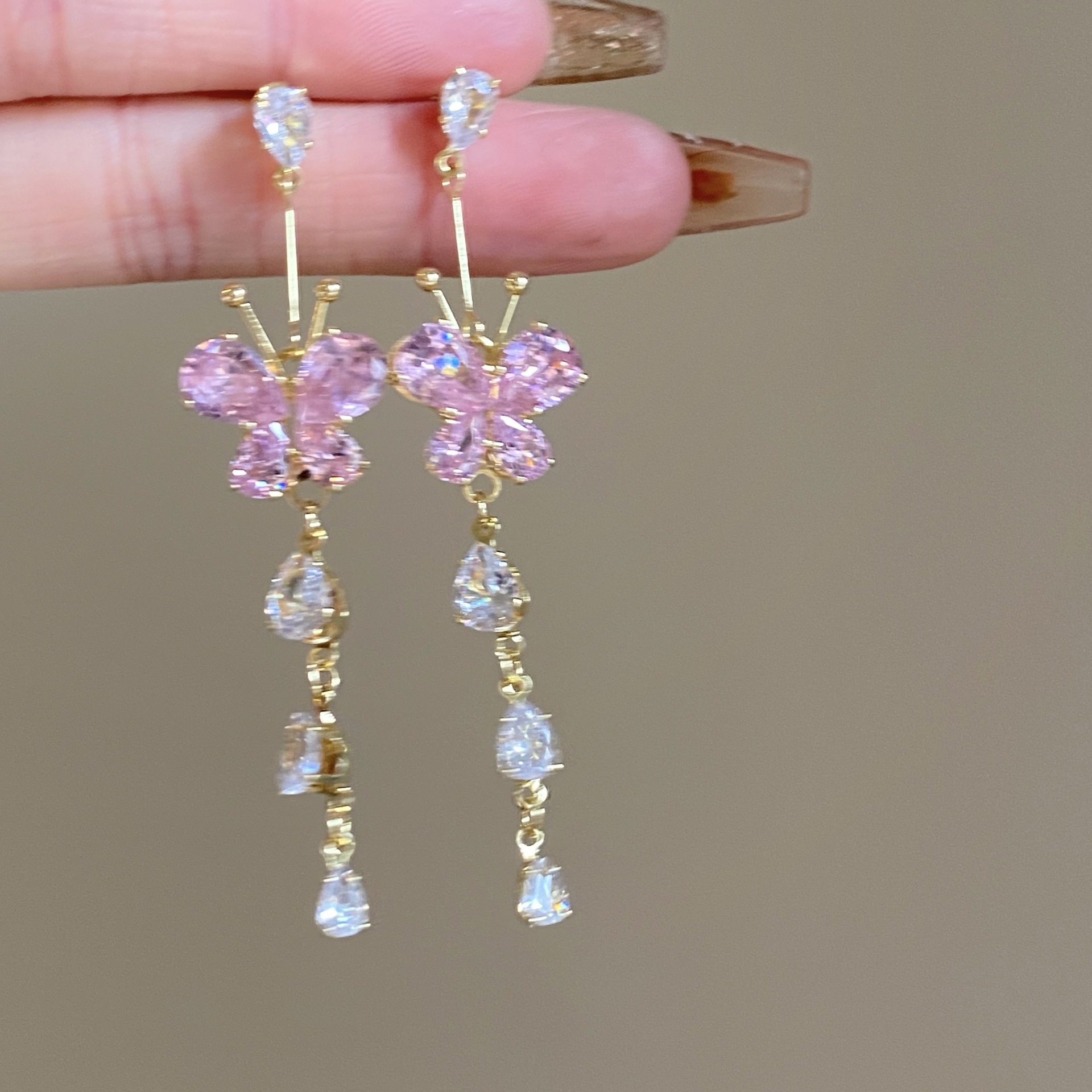 Silbernadel-Ohrringe mit rosa Zirkon-Schmetterlings-Quasten, leichter Luxus, süß, hochwertig, modisch und vielseitig_voghion.com
