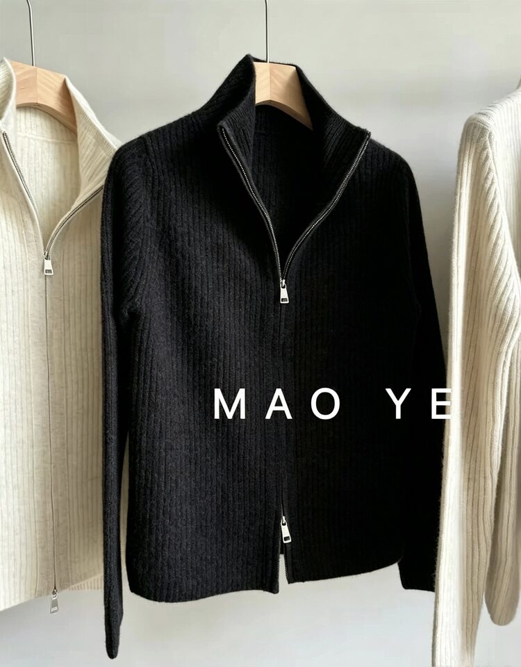 Áo khoác cardigan len lông cừu nguyên chất dài tay cổ bán cao, khóa kéo đôi, sọc gân dọc tôn dáng — Màu cà phê, Màu tự nhiên, màu đen chi tiết 19