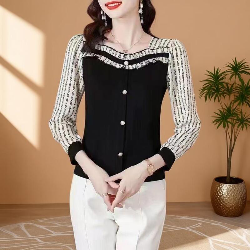 Spring new simple square-neck patchwork shirt for women, elegant and versatile long-sleeve top, slimming and age-reducing blouse Spring new simple square-neck patchwork shirt for women, elegant and versatile long-sleeve top, slimming and age-reducing blouse