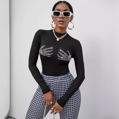 European and American cross-border Amazon Spring 2025 new rib knitted fashionable skull iron diamond T-shirt top for women