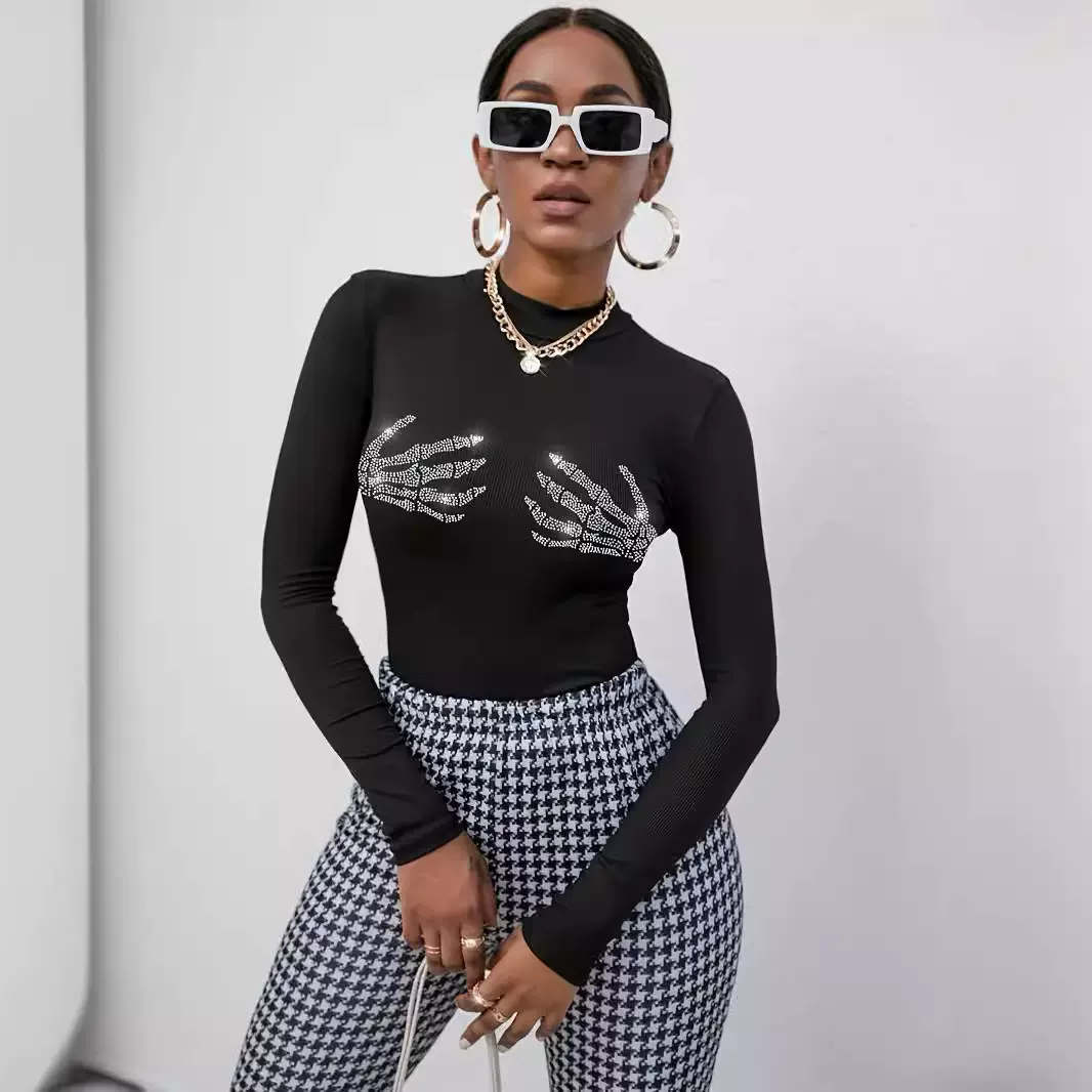 欧美跨境亚马逊2025年秋冬新款罗纹针织骷髅烫钻T恤上衣女欧美风