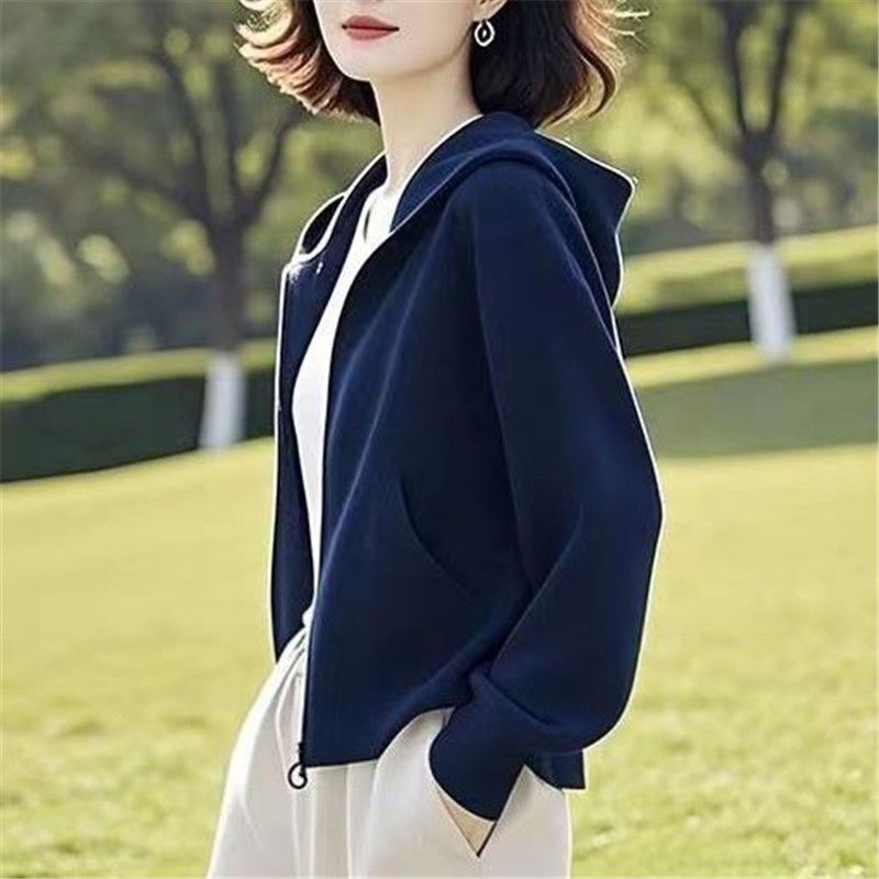 Huamian Composite Hooded Sweatshirt Loose Pure Color Lazy Style Jacket Women's Casual Slim and Fashionable Spring & Fall Long-Sleeved Top
