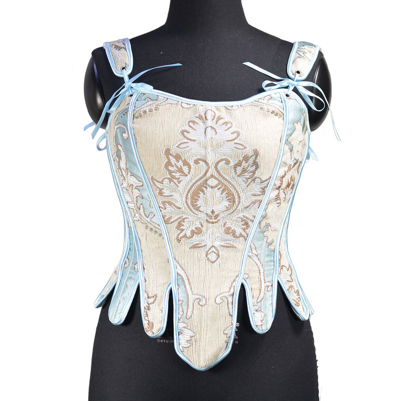 European-Style Palace-Style Off-White Jacquard Lace Corset, Light Blue Bow-Tie Slim-Fit Outerwear Bustier