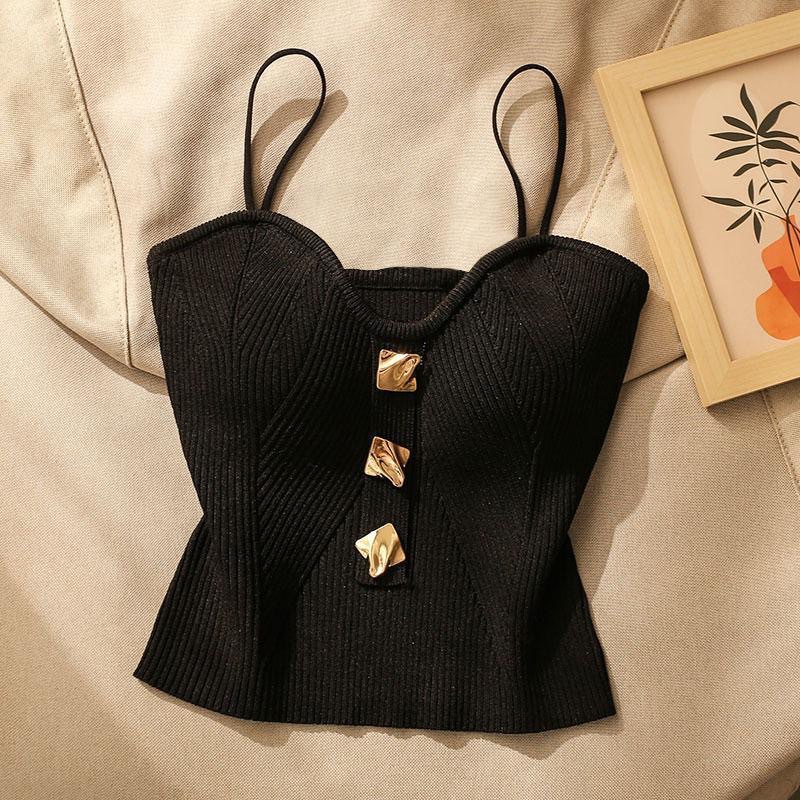 2025 verano nuevo estilo de alta calidad pequeño viento fragante de punto de tela de pecho chaleco con mujer sin mangas hermosa camisa corta