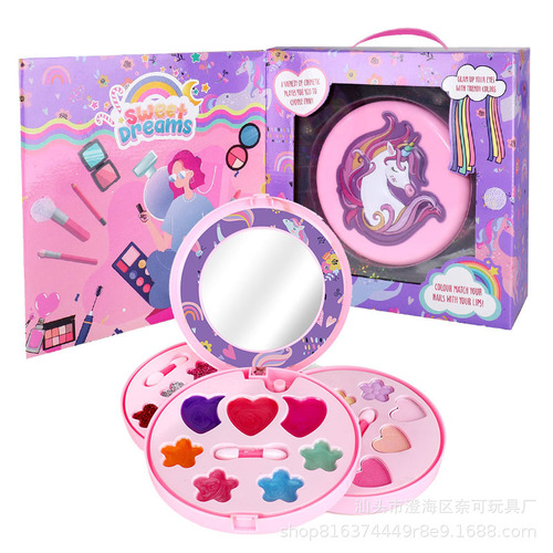 跨境专供儿童化妆品玩具独角兽化妆眼影盒女孩过家家口红彩妆玩具