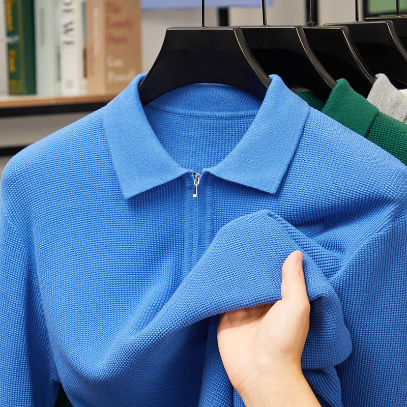 Autumn New Men's Long-Sleeved Pure Cotton Lapel T-Shirt Korean Style Pure Color Half-Zip Loose Knitted Polo Shirt for Men