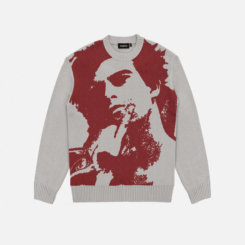 European and American Harajuku street fashion casual abstract male portrait jacquard knit sweater, unisex loose round-neck sweater European and American Harajuku street fashion casual abstract male portrait jacquard knit sweater, unisex loose round-neck sweater