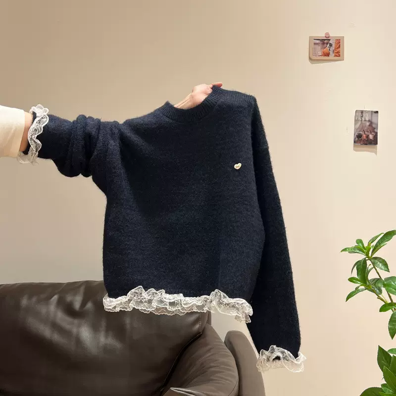 2025新款长袖上衣针织衫女秋冬刺绣花甜美蕾丝圆领保暖毛衣外套女