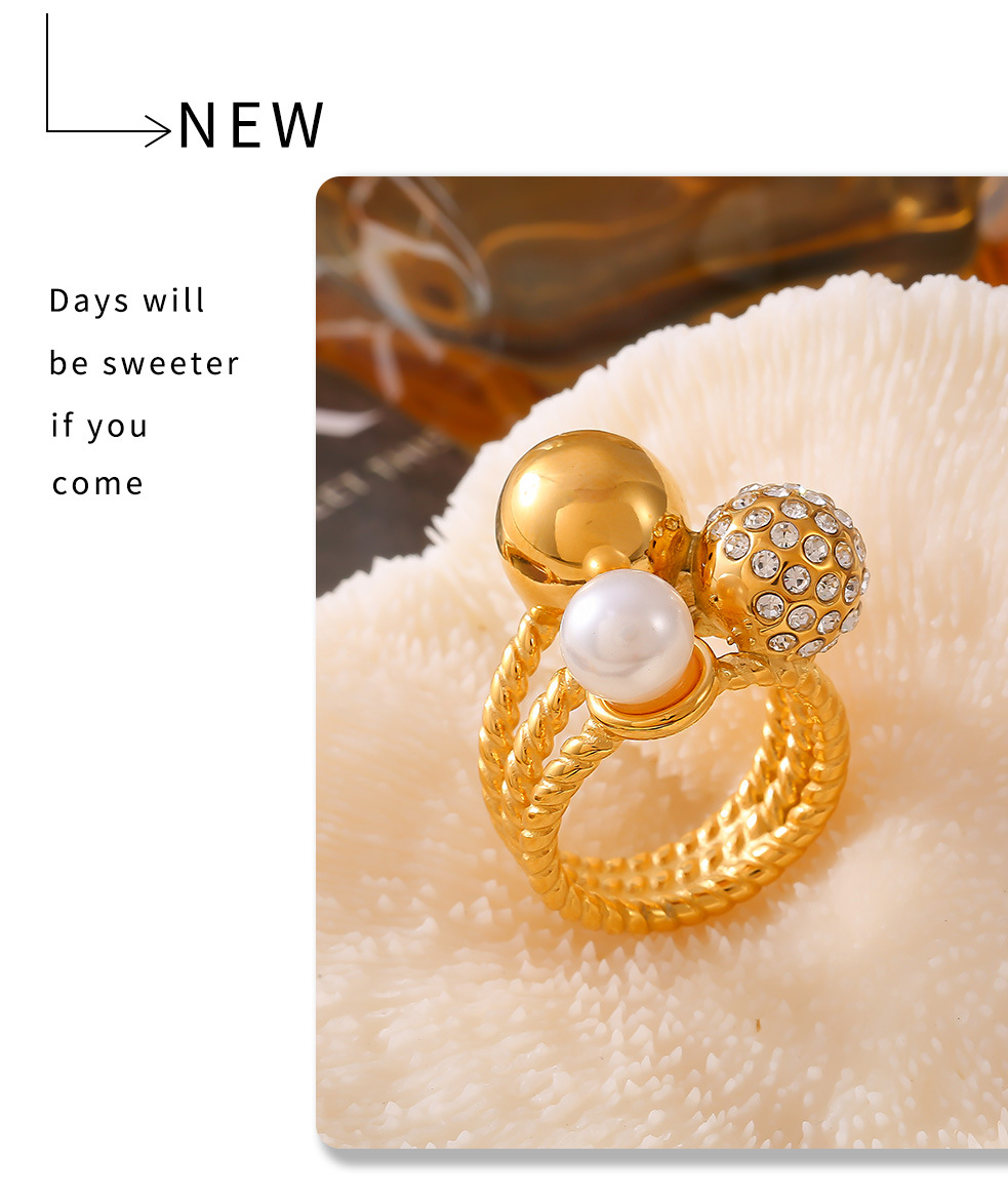 Imitation Pearl Retro Czech Diamond Round Bead Ring Titanium Steel Light Luxury Temperament Versatile Ring_voghion.com