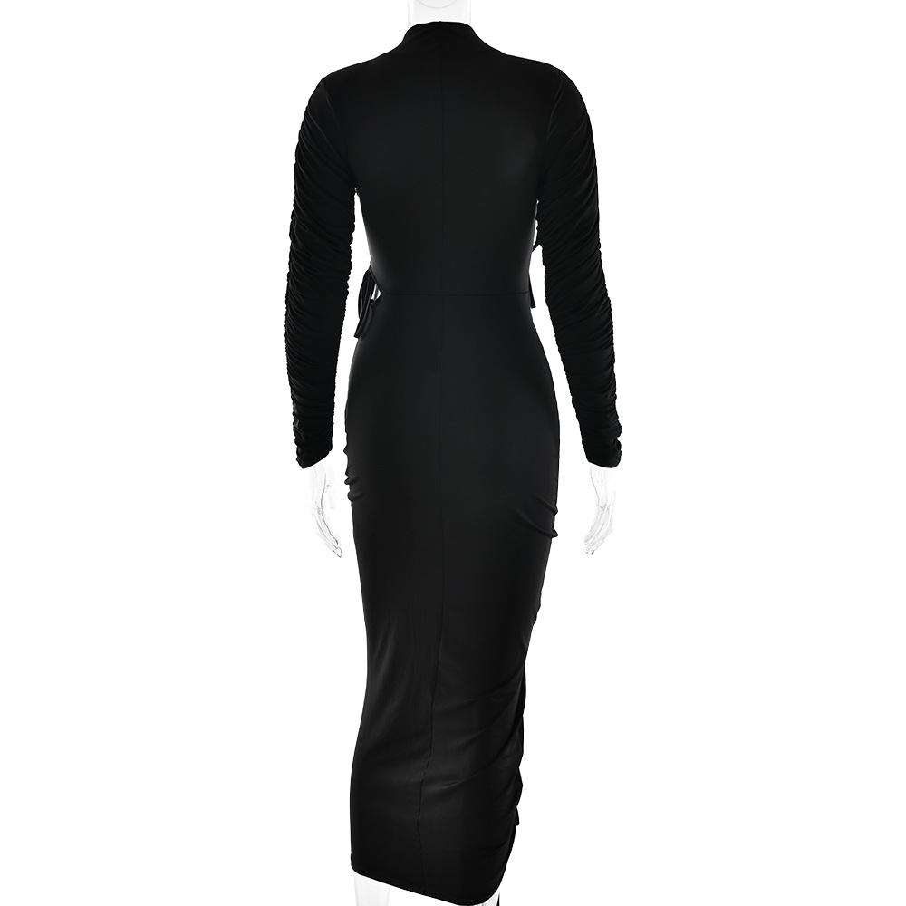 Women's New Sexy Long Sleeve Ruched Drawstring Tie‑Up Bodycon Maxi Dress_ecoleips.com