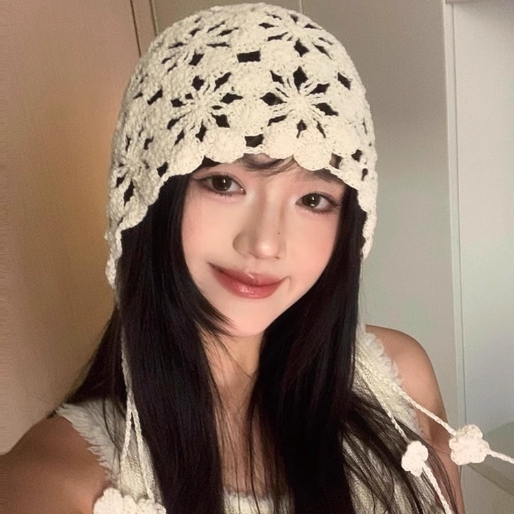 Primavera y verano sombrero de crochet hecho a mano mujer hueco flor transpirable sombrero de pila bordilla dulce lindo sombrero delgado