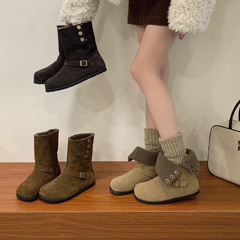 Genuine Leather Fleece-Lined Short Boots for Women in Winter, Warm and Wear-Resistant Belt Buckle Motorcycle Boots, Inner Heightening Snow Boots, Short Boots, Boots