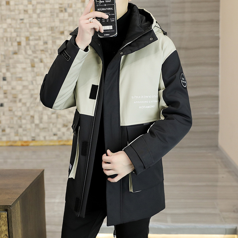 Abrigo juvenil de los hombres con capucha de longitud media más el tamaño de los hombres guapos chaqueta acolchada de algodón de invierno chaqueta acolchada de moda costura de moda engrosada
