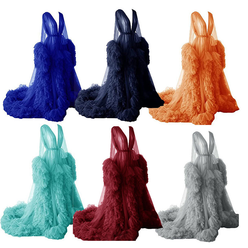 Foreign Trade Cross-Border European and American Tulle Maternity Wedding Dress with Train for Studio Photos, Sexy Morning Robe, Maternity Evening Gown, Runway Outfit