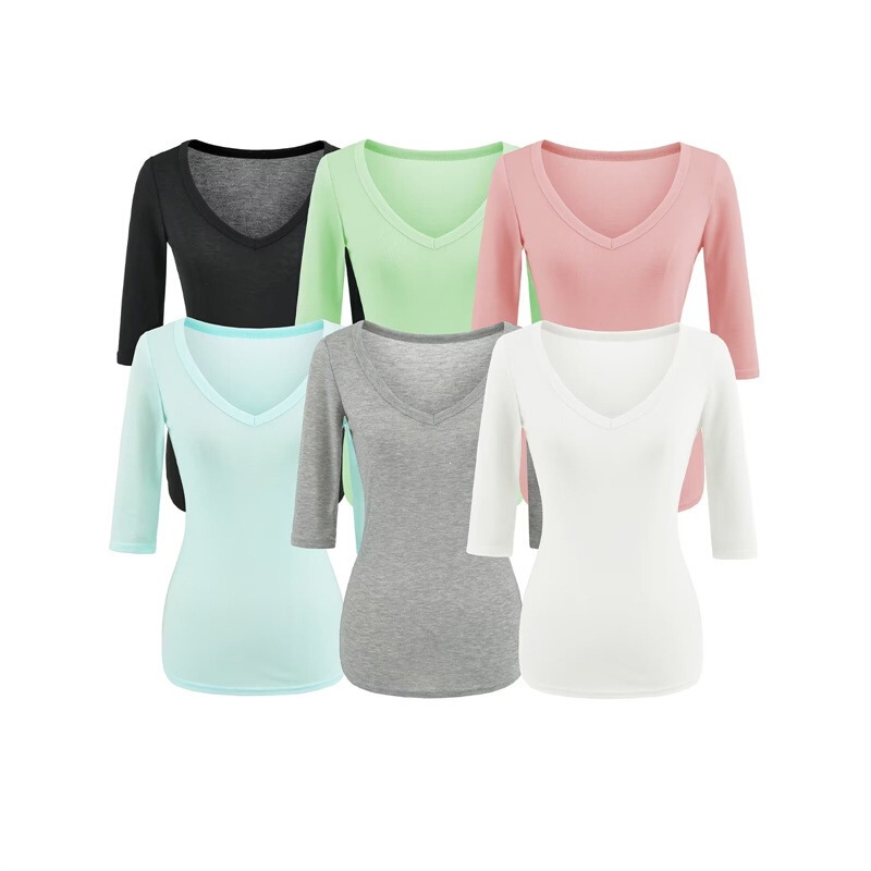 Hot Girl Basic Style Slightly See-Through Deep V-Neck Short-Sleeve T-Shirt for Women, Summer Solid Color Slim-Fit Mid-Sleeve Regular Shoulder Top