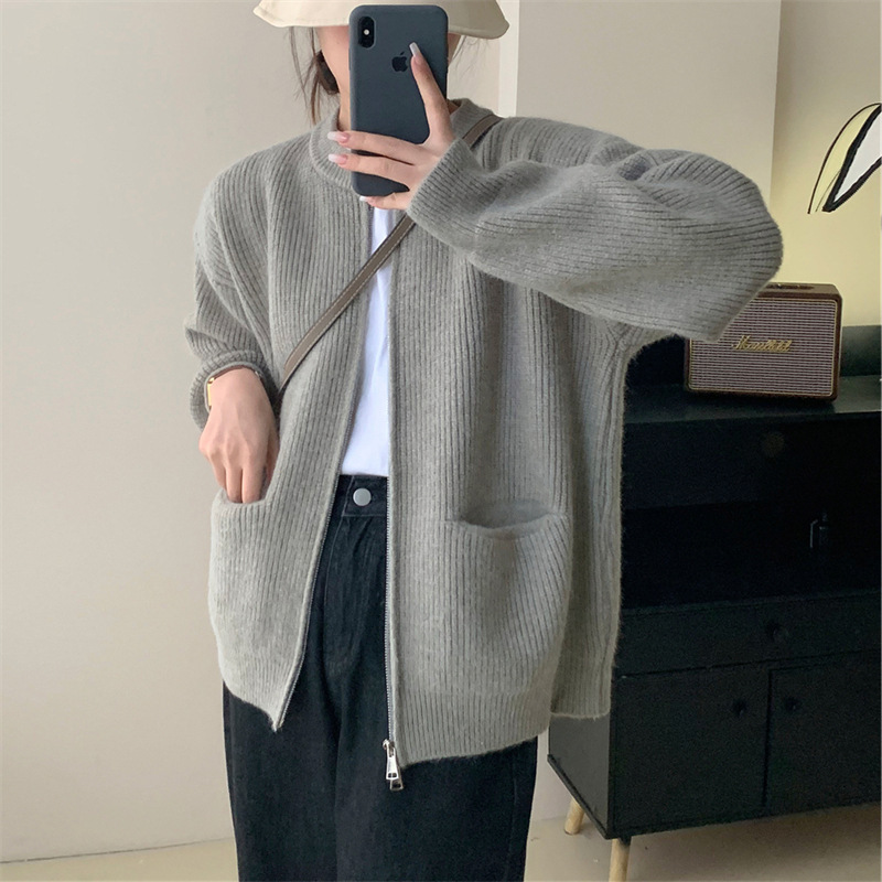慵懒风拉链毛衣开衫女2025年春秋新款设计感休闲宽松针织外套上衣