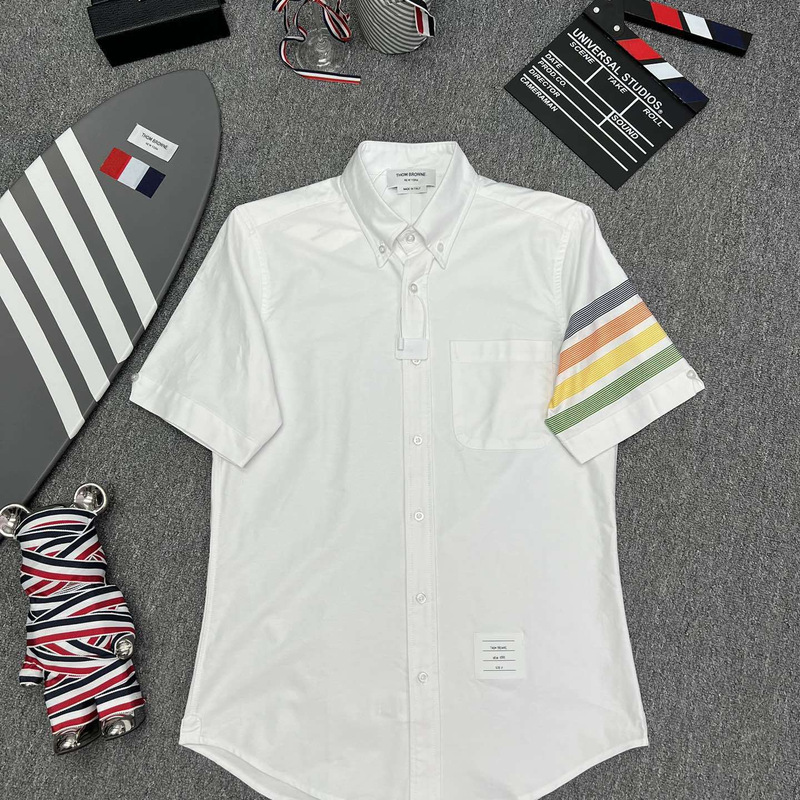 Factory Store High-Quality Summer Classic Rainbow Four-Stripe Business Casual Versatile Shirts for Men and Women