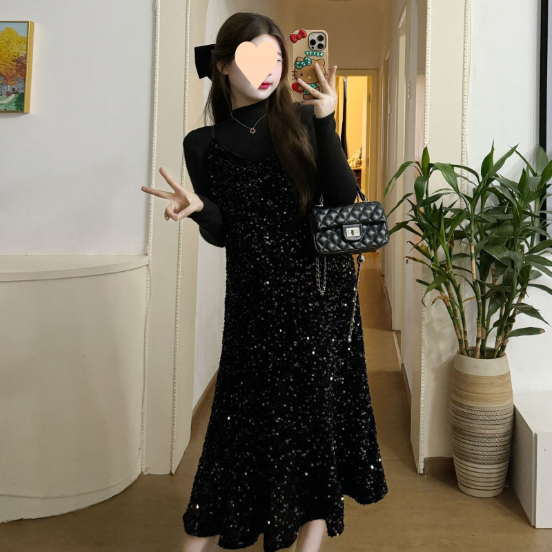 기질적인 임산부 드레스 2025 서스펜더 스커트 밝은 실크 아우터웨어 솔리드 컬러 긴팔 베이스 작은 향수 스타일 유행 슬림 임산부 스커트