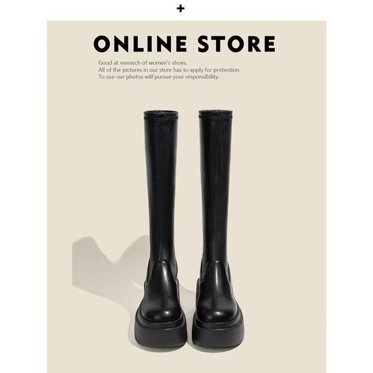Handmade Genuine Soft Leather Thick-Soled Long Boots for Women, Elastic Slim Boots, Height-Increasing Long Boots, High-Tube Riding Boots for Women
