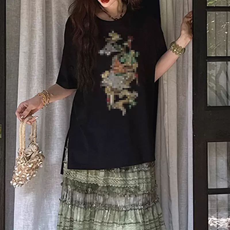 【满香亭】中式亭台定位珠片绣花纯T2025夏季新款短袖t恤宽松上衣