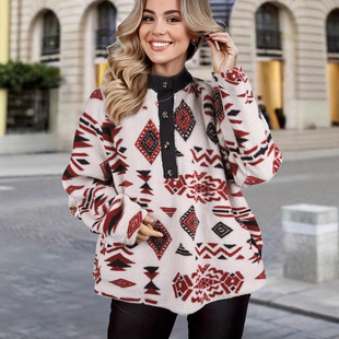 Amazon Cross-Border European and American One-Piece Women's Large Size Casual Geometric Pattern Polyester Knitted Pullover Sweatshirt, with