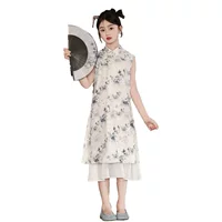 Китайский стиль Cheongsam Платье 2024 Летний новый стиль без рукавов для девочек Новый китайский стиль чернил роспись платье для выступления