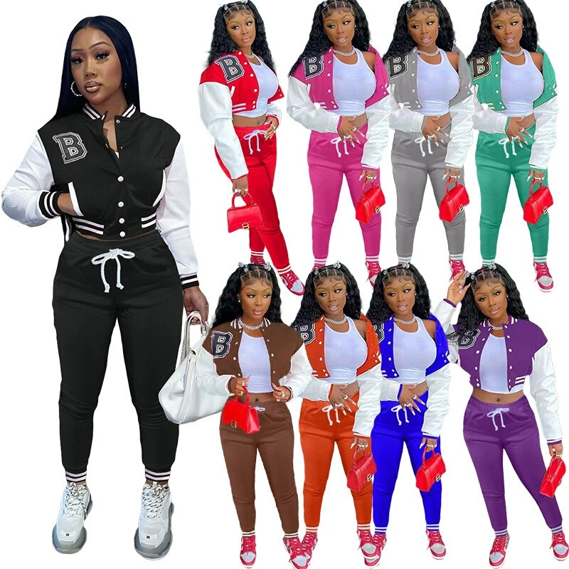 2025 European and American Cross-Border New Style Color-Blocking Letter Baseball Jacket Sports Suit for Women, Fashionable Casual Two-Piece Set 2025 European and American Cross-Border New Style Color-Blocking Letter Baseball Jacket Sports Suit for Women, Fashionable Casual Two-Piece Set