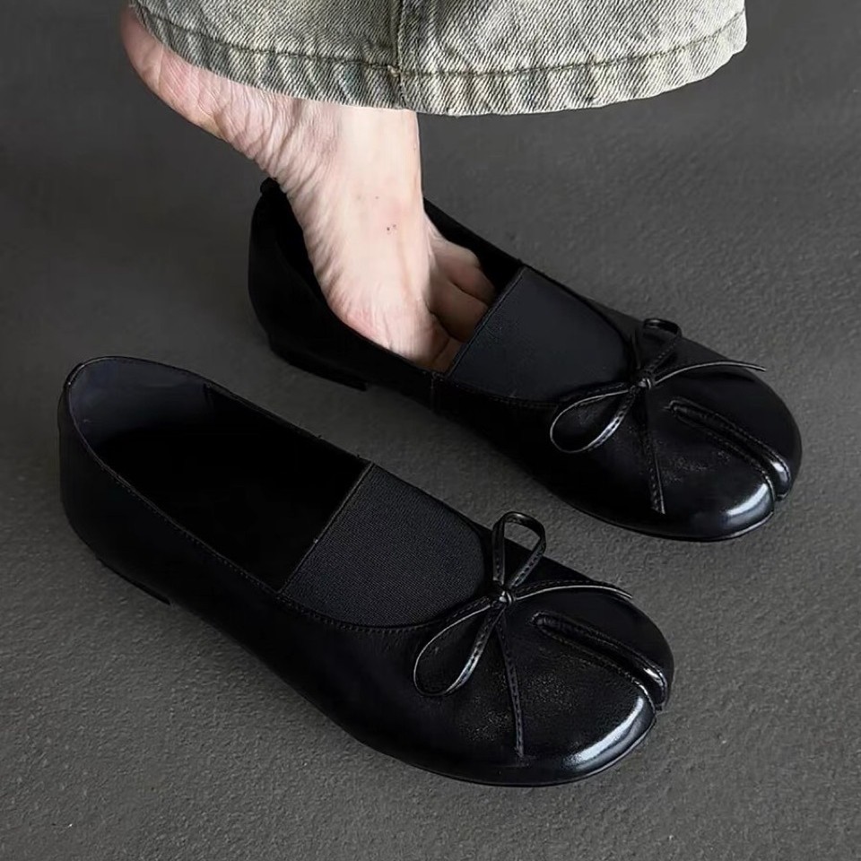 Sheepskin Version ~ French Bow Split-Toe Shoes, Pig's Trotter Shoes, Women's Work Clothing Elastic Band Flats-Soled Retro Ballet Shoes