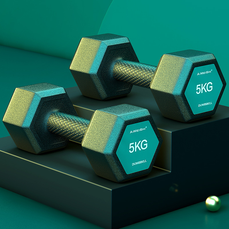 Hexagonal Rubber-Coated Dumbbells, a Pair of Men's and Women's Home Fitness Equipment, Kidsren's Rubber-Coated Dumbbells, a Pair of 10kg 5kg