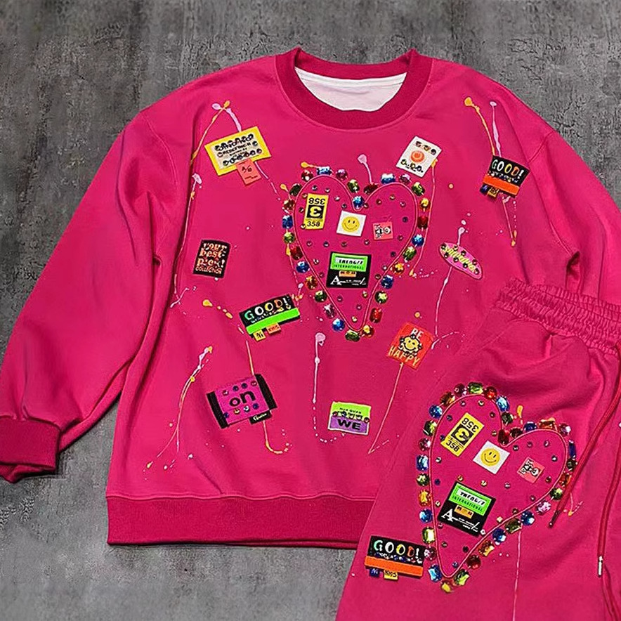 Women's Clothing retro trend fashion casual sports suit large version loose style age reducing graffiti two piece set a complete set_voghion.com