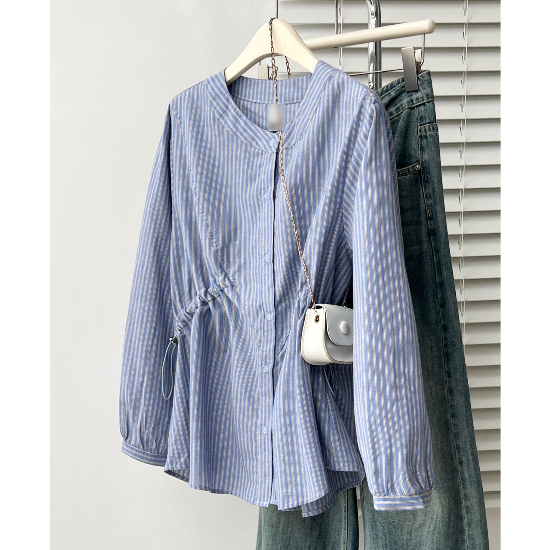 2026 Autumn New Plus Size Women's Vintage Versatile Drawstring Waist Striped Long Sleeve Shirt Top 0714