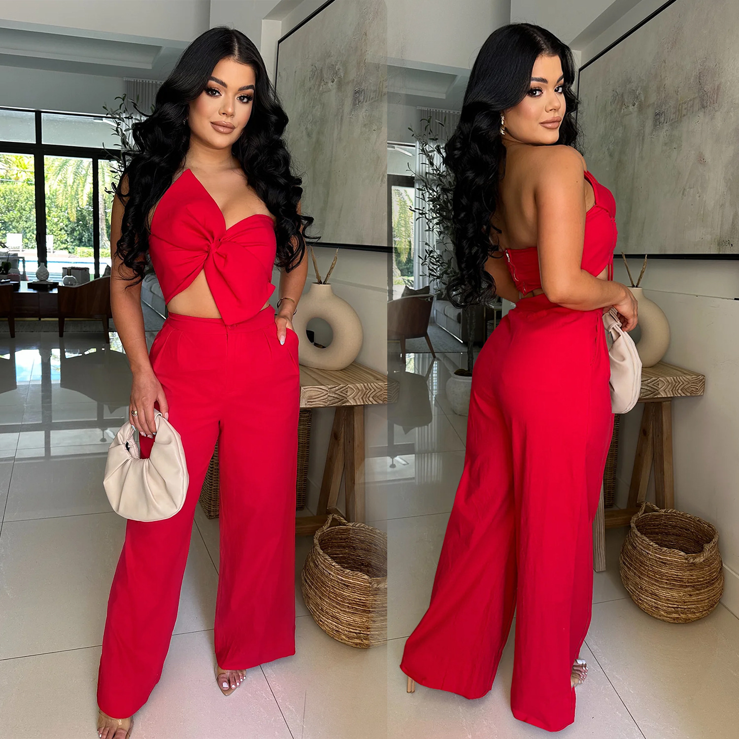 C7375 Cross-border AliExpress Amazon Moda europea y americana Pantalones casuales de lazo sexy de dos piezas Nuevo