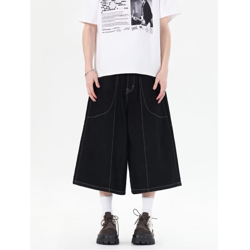 American Street Style Black Topstitch Design Denim Shorts Summer Trendy Brand Handsome Loose Jersey Style Wide-Leg Cropped Pants