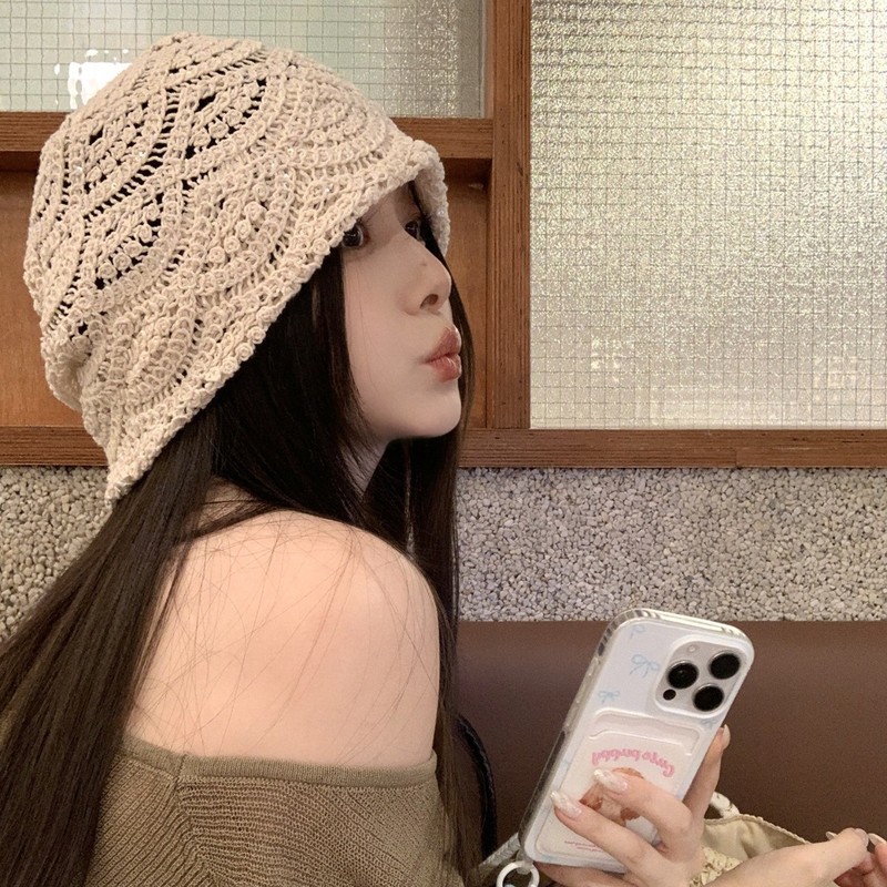 复古手编织花朵镂空包头帽女秋季珍珠流苏套头帽薄民族风针织帽子|undefined