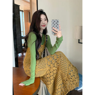 Women's 2025 Spring New Hollow Out Strap Knit Dress Layered with Green Base T-Shirt High-End Trend