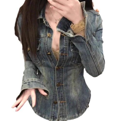 Retro Blue Polo Collar Elastic Denim Shirt for Women - Winter High-End Fitted Slimming Overshirt