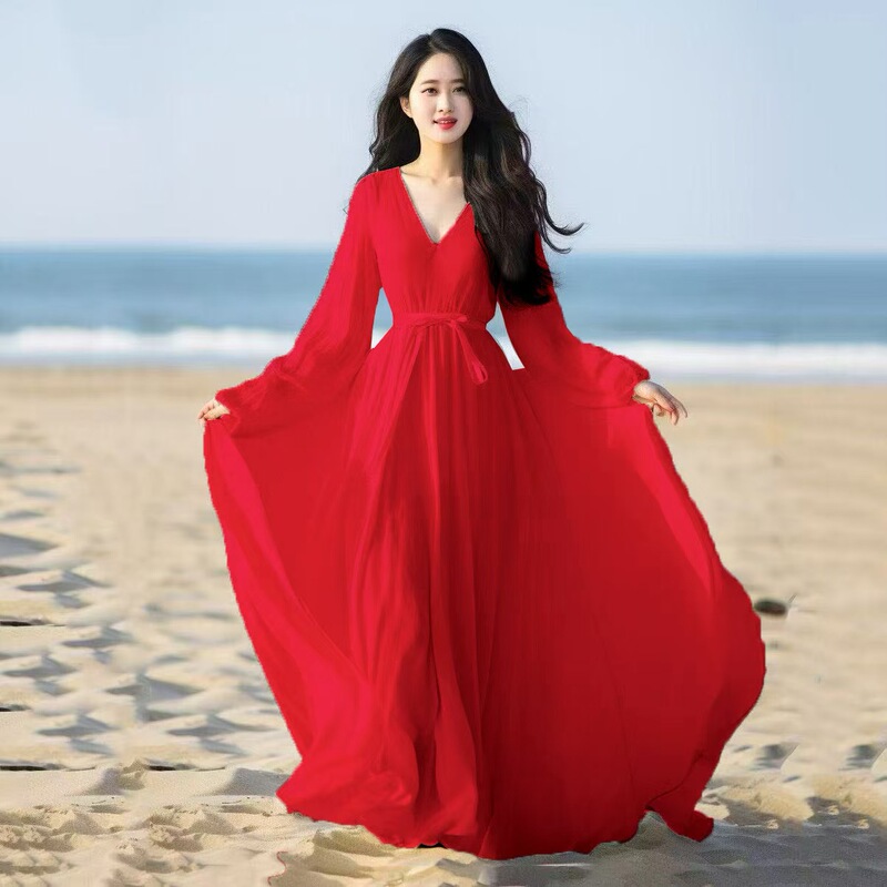 2025 New Beach Skirt White Chiffon Dress Spring and Summer Sanya Seaside Vacation Elegant Long Skirt