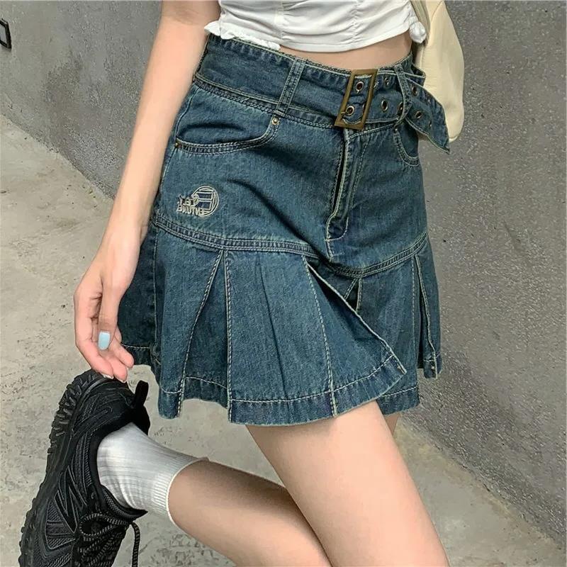 Jeans mini skirts for women girls High Waist short Pleated Skirts belt pleated A-line above knee length skirt