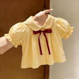 夏季梭织黄色泡泡袖衬衣红色蝴蝶结儿童上衣学院女童短袖宝宝衬衫