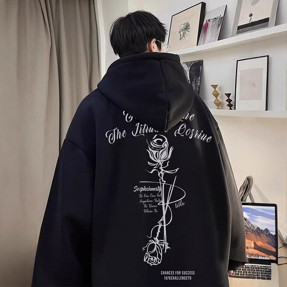 홍콩 스타일 트렌디 브랜드 로즈 긴팔 후드 스웨터 남성용 루즈 스웨트 셔츠 올 매치 봄과 가을 학생 코트 후디