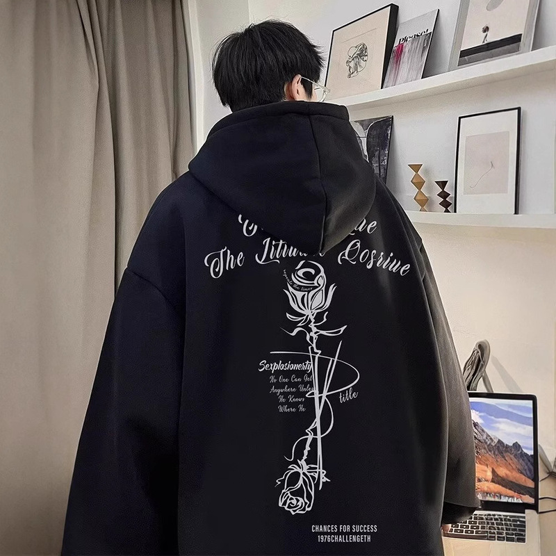 Hong Kong Style Trendy Brand Rose Long-sleeved Hooded Sweatshirt Men's Loose Sweatshirt All-match Spring and Autumn Student Coat Hoodie Hong Kong Style Trendy Brand Rose Long-sleeved Hooded Sweatshirt Men's Loose Sweatshirt All-match Spring and Autumn Student Coat Hoodie