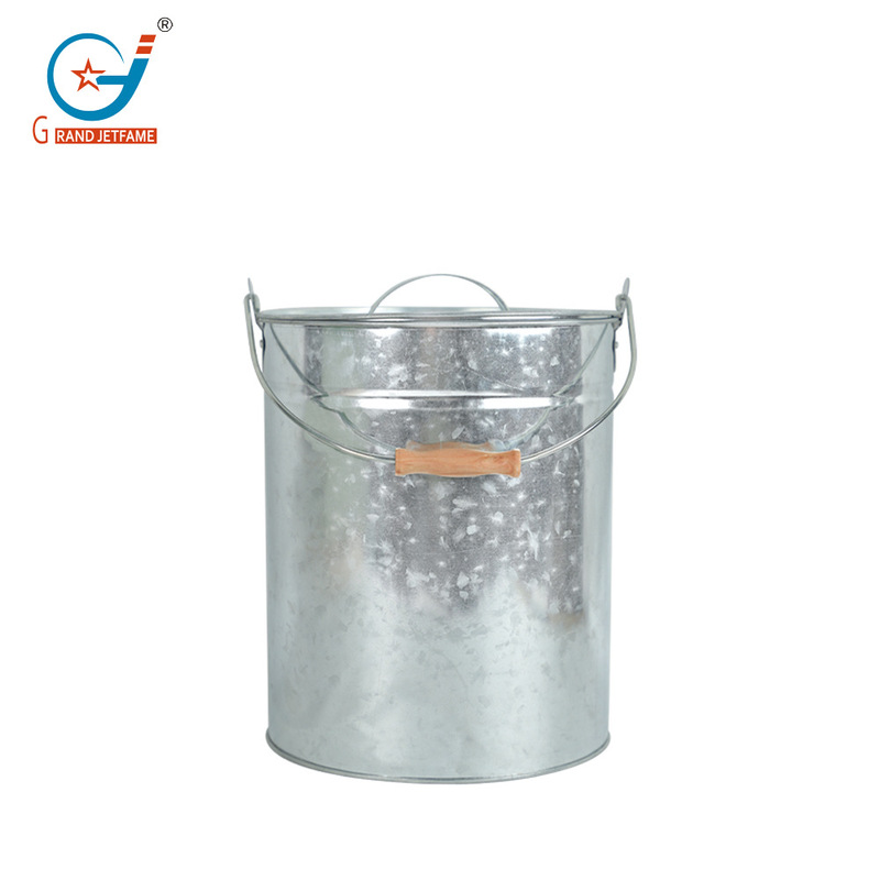Household cleaning water storage with wooden handle metal galvanized trash can outdoor trash can with lid