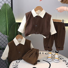 春季新款男童时尚斜襟纯色马甲长袖三件套小宝宝洋气套装一件代发