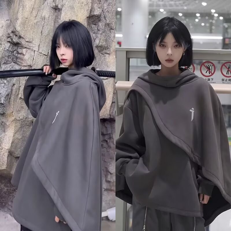 Functional Style Embroidered High-Neck Cape Sweatshirt Ins Trendy Unisex Hooded Fake Two-Piece Pullover Cape Irregular Top Functional Style Embroidered High-Neck Cape Sweatshirt Ins Trendy Unisex Hooded Fake Two-Piece Pullover Cape Irregular Top