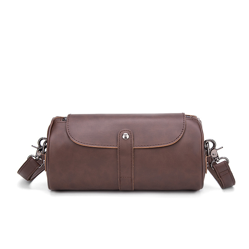 Ready Stock Men's Casual Shoulder Bag, Men's Simple and Stylish Crossbody Bag, Lightweight and Fashionable Brown Pu Cylindrical Bag